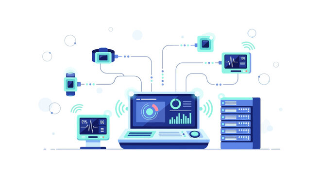Smart Technology Network: Devices Connected to Central Computer and Server