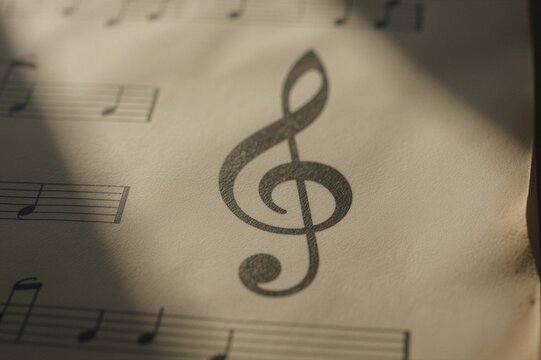 A treble clef symbol rises from the worn wooden tabletop, its stylized curves and lines beckoning musicians to soar into the upper registers amidst the soft glow of afternoon