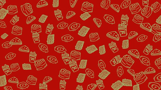 Doodle food pattern with sushi, pizza, fries, eggs, and noodles. Perfect for food blogs, restaurant menus, and kitchen decor.