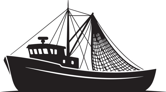Fishing boat, silhouette, vector illustration, black, nautical, icon, graphic