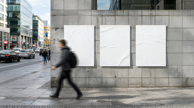 Three Blank Poster Mockups on an Urban Wall with Pedestrian