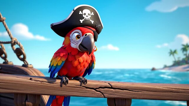 Cartoon Pirate Macaw on Ship Deck
