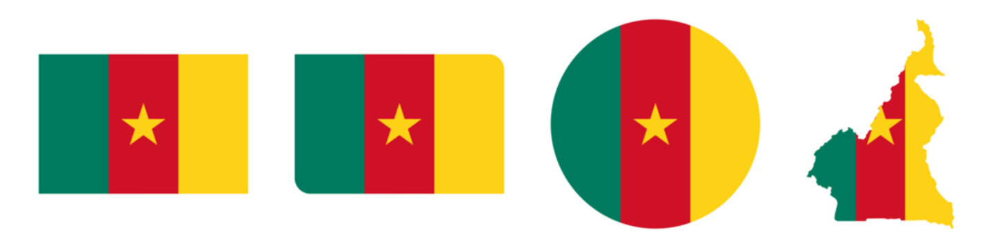 cameroon circular, cameroon rectangular, and cameroon map flag flat icon