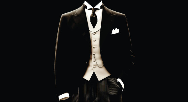 Black Tuxedo with White Vest and Pocket Square on Isolated Black Background