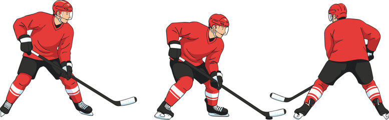 Fototapeta premium Cartoon vector illustration of ice hockey player in red jersey helmet skates holding stick showing different stances and movements