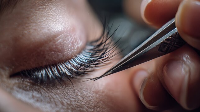 beauty salon techniques, technicians hands delicately apply lash extensions under soft lighting