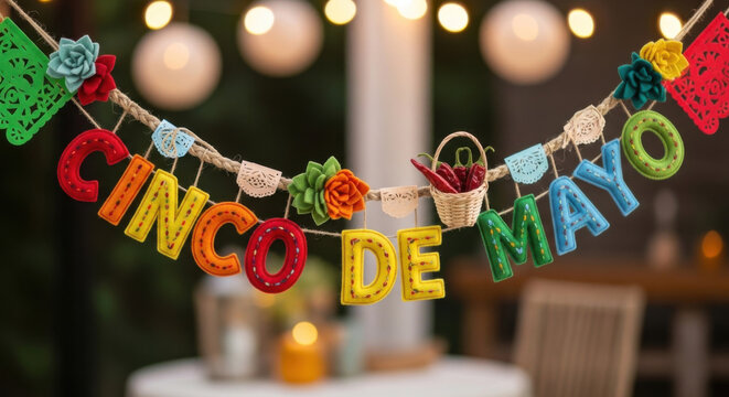 A vibrant illustration celebrating Cinco de Mayo with festive decorations