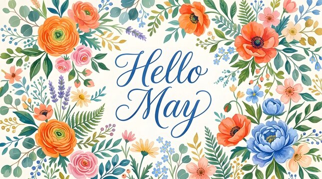 Floral watercolor wreath with vibrant flowers and Hello May text
