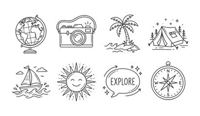 Obraz premium Travel icons including a globe camera palm tree tent sailboat sun explore bubble and compass