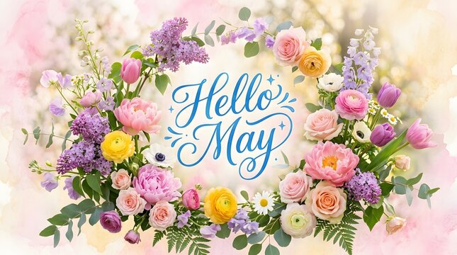 Floral wreath with Hello May text in watercolor style