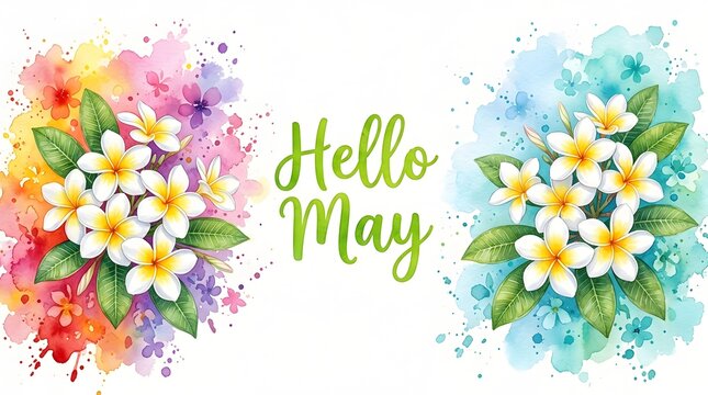 Colorful floral watercolor design with Hello May text and plumeria flowers