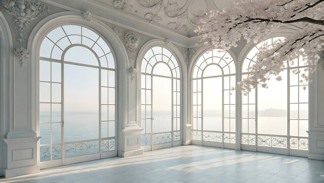 Elegant sunroom with large arched windows overlooking a serene ocean view, featuring white ornate decor and a blooming cherry blossom tree.