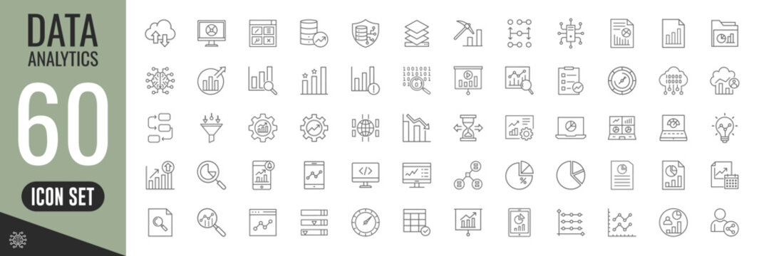 Data analytics thin line icons set. data analysis, analytics, optimization, mining, processing, statistic, monitoring, search, analysis. Vector