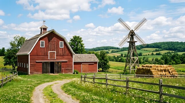 Rural barn and windmill in a scenic countryside landscape