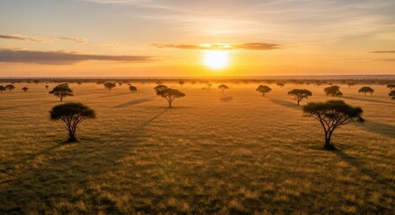 Fototapeta premium A serene savannah landscape with acacia trees at sunset over grassy plains
