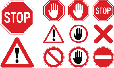 Clean vector illustration set of road signs including stop octagon warning triangle and prohibition circle symbols in grid © Master