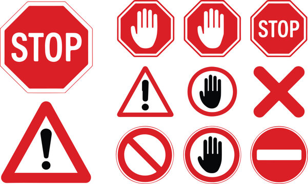 Clean vector illustration set of road signs including stop octagon warning triangle and prohibition circle symbols in grid