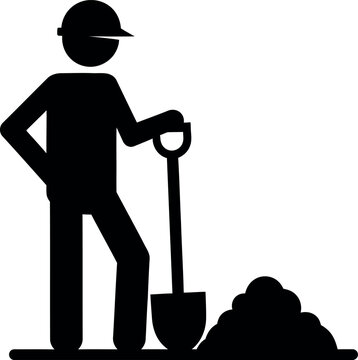 Construction worker with shovel on dirt pile in silhouette style for industry illustration