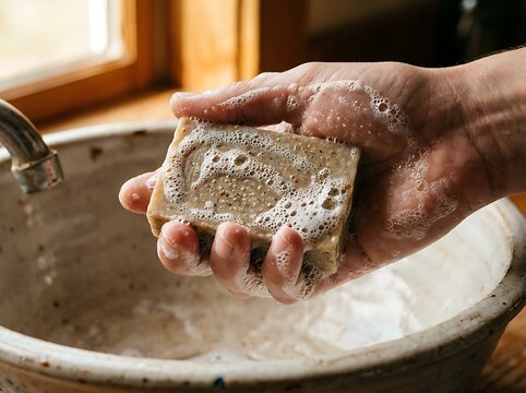 Person washing hands with a bar of natural soap over a rustic basin.