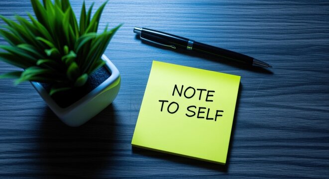 Yellow Sticky Note with 'Note to Self' Text on a Textured Desk Next to a Pen and Small Green Plant