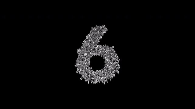 Number 6 Formed by Small Digits Animation with Alpha Channel. Typographic Number Formation Effect. Digital Number Made of Numbers. 3D Font Typographic Animation. Transparent Background