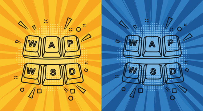 Illustration of the wasd gaming keys from a keyboard on two different colorful backgrounds with comic style elements.