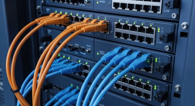 Close-up of server rack with connected Ethernet cables, symbolizing network infrastructure and data connectivity.