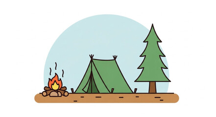 Fototapeta premium Camping Scene with Tent, Campfire, and Pine Tree Illustration.