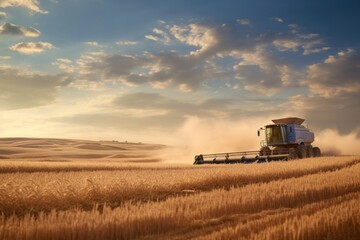 Fototapeta premium Tractor pulling grain cart field agriculture landscape.