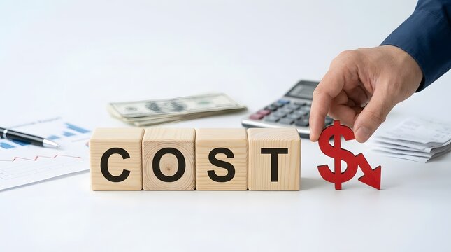  Business Concept of Cost Reduction Strategy with Wooden Blocks Spelling COST and Hand Placing Red Dollar Icon Showing Downward Arrow on White Background, Finance, Budget and Expense Optimization.