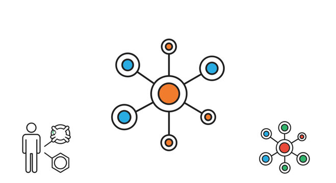Connectivity and networking icons represent a centralized hub linked to various individual users or data points in an organization.