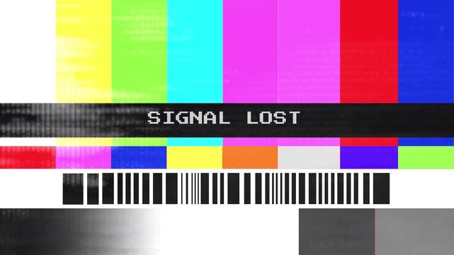 Analog TV screen showing color bars, static, and visual noise, depicting a transmission interruption