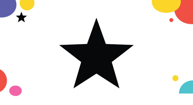 Minimalist black star symbol is centered on a white background with decorative colorful abstract shapes in the corners.