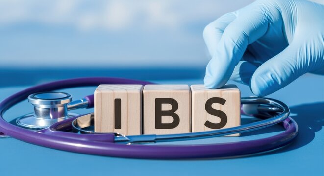 Doctor in blue glove arranging wooden blocks spelling IBS next to stethoscope on blue background, medical concept