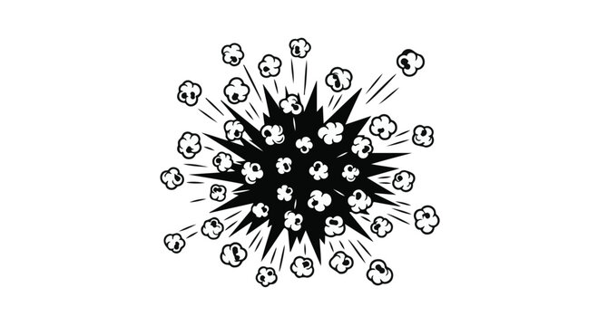 Explosion of popcorn grains rendered in a sharp black and white ink style isolated on a solid white background designed for food marketing campaigns and dynamic snack branding templates.