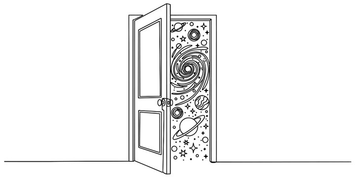A black and white line art illustration showing an open door revealing a vast cosmic galaxy scene