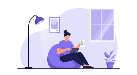 Obraz premium Woman working remotely on laptop, sitting on bean bag chair in cozy room
