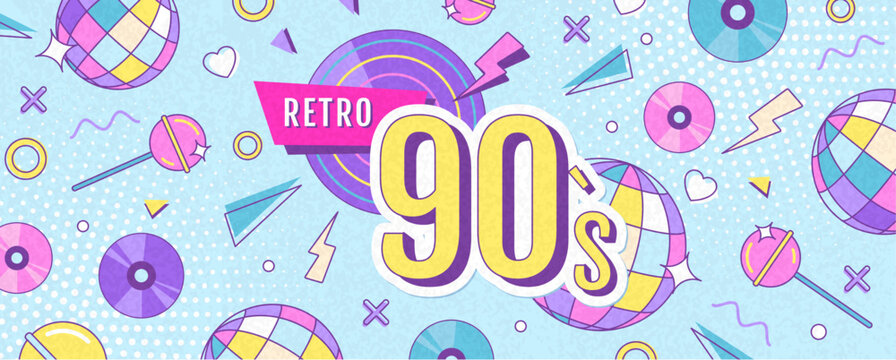 Retro disco poster or banner of 80s-90s with disco ball, cd, records and chupa chups. Memphis style background. Vector illustration