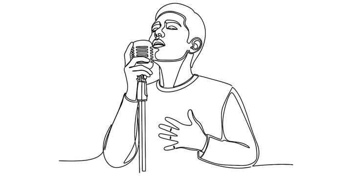 A continuous line drawing of a young man singing passionately into a vintage style microphone