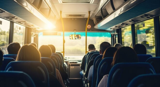 Passengers traveling inside a bus during a sunny day with light shining through the windows