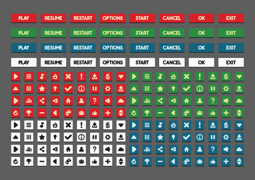 Colorful interface buttons and icons for multimedia controls and settings on gray background