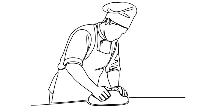 A single continuous line drawing of a professional chef kneading dough on a clean kitchen table