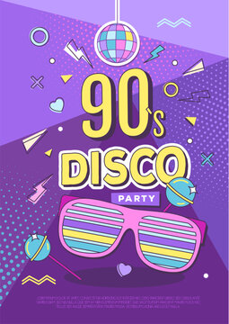 Retro disco party poster or banner of 80s-90s with disco ball, eyeglasses and chupa chups. Vector illustration