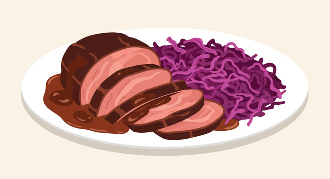 A plate of sliced roasted meat served with a side of shredded purple cabbage