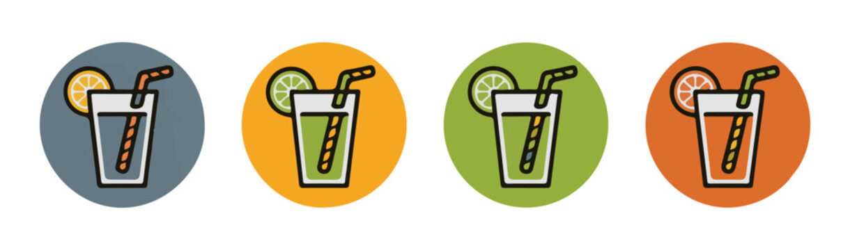 Hand drawn style lemonade icons featuring glasses with striped straws and fruit slices in vibrant circles.