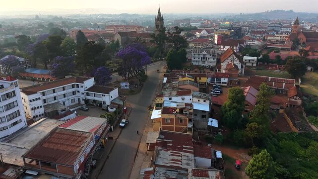 Aerial view of a town at dawn, showing mixed architecture and greenery. Purple jacaranda trees bloom vividly along streets. Buildings include modern under-construction structures and older homes