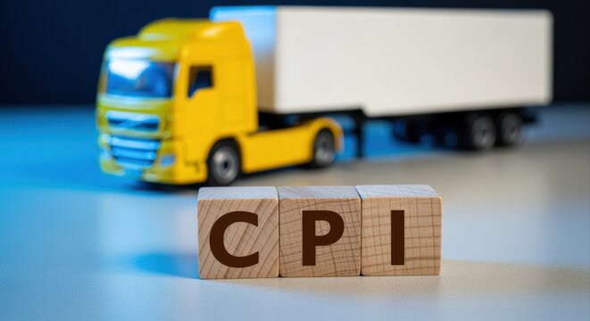 Wooden blocks spell out CPI with a miniature yellow truck and trailer in the background, symbolizing logistics and economic factors
