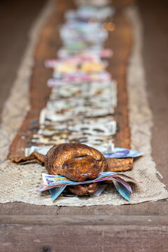 A dried reptile head, possibly a snake or turtle, adorned with diverse international currency and coins, presented as a spiritual offering or charm on a textured mat. Symbolizes prosperity and ancient