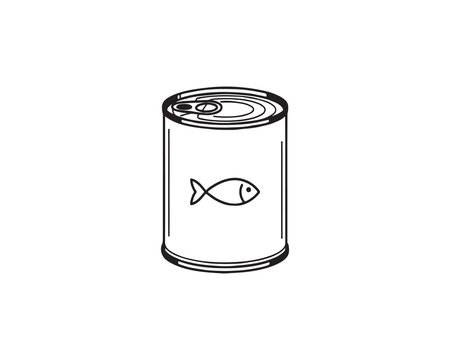 Minimalist black-and-white line drawing of a cylindrical tin can with pull-tab lid and fish symbol, isolated on white background