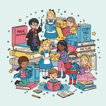 Diverse children in costumes reading books while sitting on a pile of large tomes
